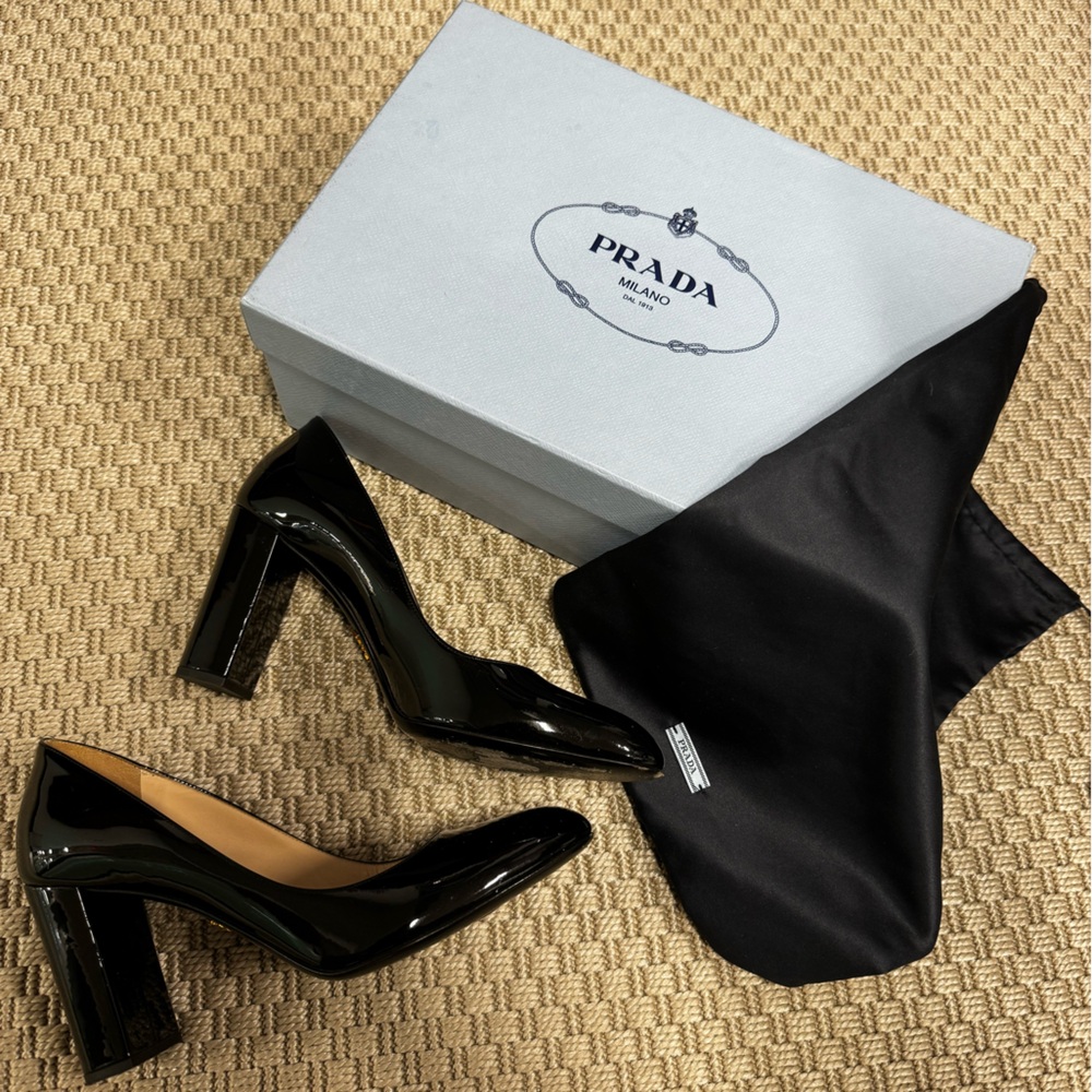 Prada Black Patent Round Toe Pumps